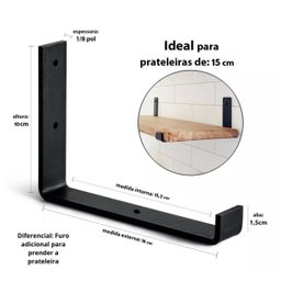Kit 6 Suporte Mão Francesa Invertida Reforçada para Prateleira Industrial Cor Preta 15 Cm - 5