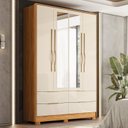 Ver imagem 1 de Guarda-Roupa Casal 4 Portas 4 Gavetas com Pé e Espelho Domo Amarelo/Cinamon/Off White