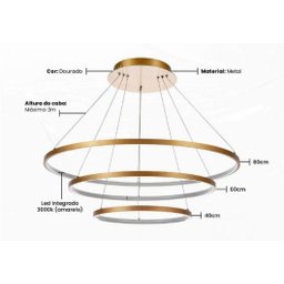 Lustre Pendente Moderno Dourado Anéis Led 3000k - 4