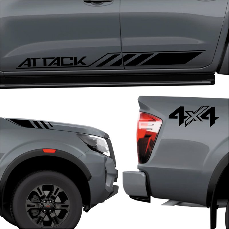 Faixa Nissan Frontier Attack 4x4 2023 Adesivo Lateral e Capô Preto Teu Adesivo