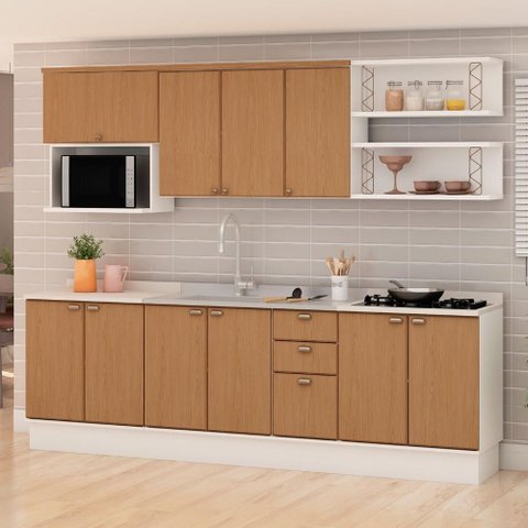 Cozinha Completa 280cm com Detalhes em Metalon e Balcões Cor:branco Fosco/ Teka Soho