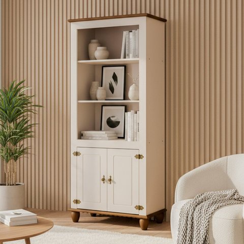 Estante Alta 2 Portas com Tampo Base e Pés em Madeira Maciça Joy Branco/Off White