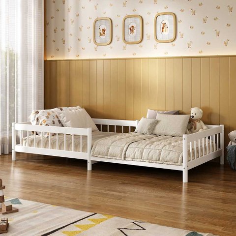 Cama Solteiro Infantil Montessori Elevada com Estrado Madeira Reforçada Branco Dudy