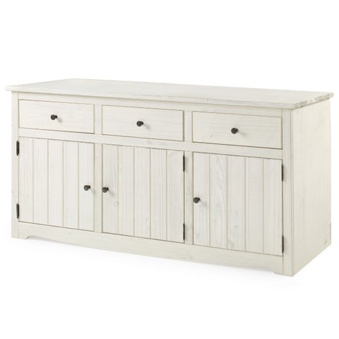 Balcão Buffet de Madeira Maciça com 3 Portas e 3 Gavetas Branco Envelhecido