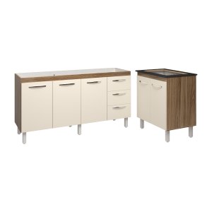 Cozinha Balcão Armário Gabinete de Pia 150 cm Deise e Balcão Fran para Fogão Cooktop 4 Bocas Savana 