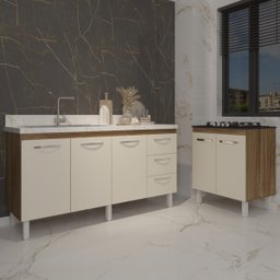 Cozinha Balcão Armário Gabinete de Pia 150 cm Deise e Balcão Fran para Fogão Cooktop 4 Bocas Savana  - 2