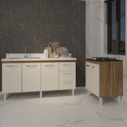 Cozinha Balcão Armário Gabinete de Pia 150 cm Deise e Balcão Fran para Fogão Cooktop 4 Bocas Savana  - 3