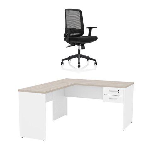 Mesa de Escritório em L 140x60cm com Gaveta + Cadeira Ergonômica Reclinável