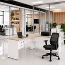 Ver imagem 7 de Mesa de Escritório em L 140x60cm com Gaveta + Cadeira Ergonômica Reclinável