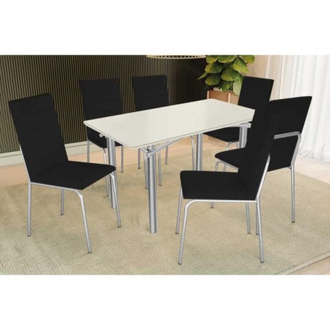 Conjunto: Mesa Sala Jantar Elba Tampo Madeirado C/ Vidro 160cm e 6 Cadeiras Amsterdã Cromada/off