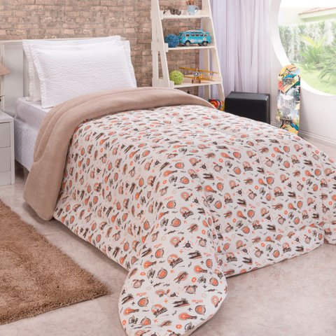 Coberdrom Edredom Avião Solteiro Dupla Face Malha Manta Soft Bege Top Chick