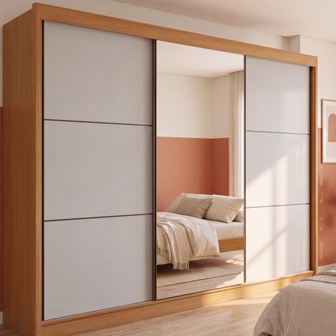 Guarda Roupa Casal 100% MDF 3 Portas de Correr 6 Gavetas com Espelho e Cabideiros 273x230x62cm