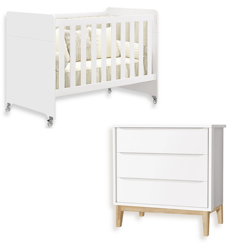Quarto de Bebê Berço Evolution + Cômoda 3 Gavetas Classic Branca Madeira Natural