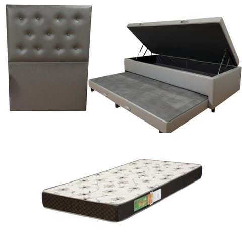 Cama Box Baú Solteiro com Auxiliar (Bicama) + Colchão Solteiro Espuma D20 12cm | Kit Completo com Ca