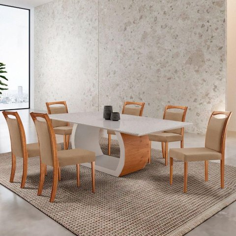 Mesa Ellis 180cm Tampo Laqueado com Vidro com 6 Cadeiras Munique Linho Palha/imbuia Natural/off