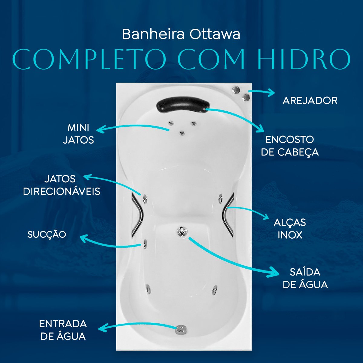 Banheira Retangular Ottawa Completa com Hidro - 4