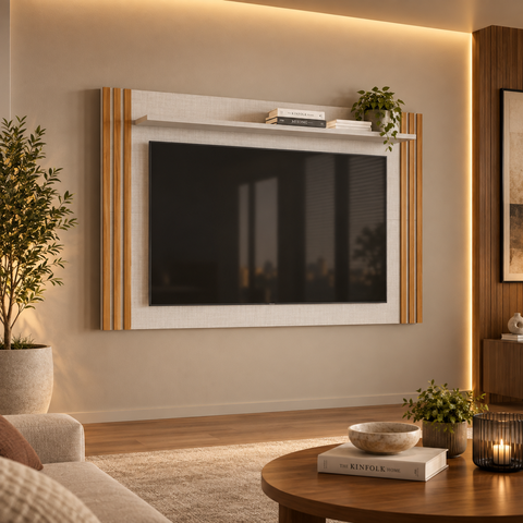 Painel Ripado para TV até 65 Polegadas 160cm Off White/Freijó - Notável Móveis