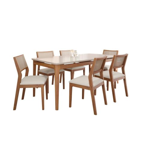 Sala de Jantar Baobá 1,80m Mesa em Vidro Off White e 6 Cadeiras Oiti Linho Cru D-28 - Madeira/