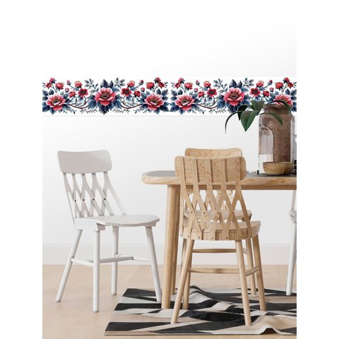 Faixa Decorativa Adesiva (autocolante) - Bordado com Flores Vermelhas