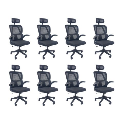 Kit 8 Cadeiras de Escritório Presidente Legacy Tela Mesh Base Giratória com Apoio de Cabeça