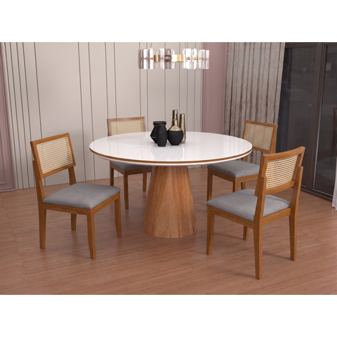 Sala de Jantar Viena 120cm Redondo c/Vidro com 4 Cadeiras Madeira Maciça Santorini Tela Cinamomo/Off