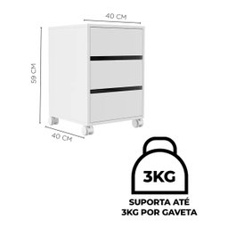 Gaveteiro com Rodinhas 3 gavetas para escritório Suporta 3kg por gaveta - 3
