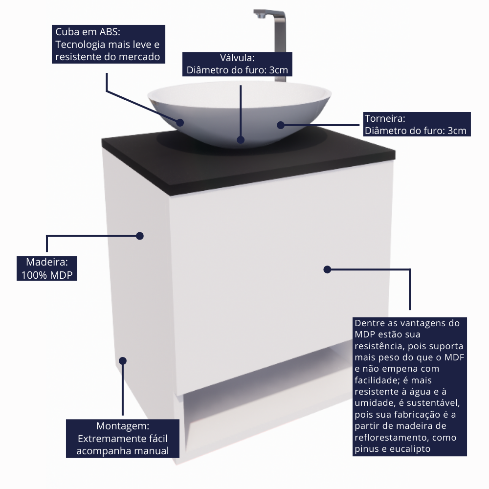 Gabinete de Banheiro 40cm com Cuba e Espelho Completo Lavabo Armário Suspenso - 5