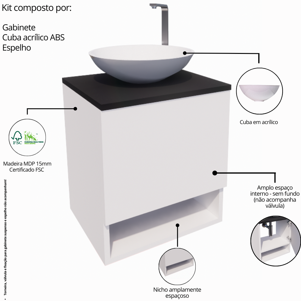 Gabinete de Banheiro 40cm com Cuba e Espelho Completo Lavabo Armário Suspenso - 4