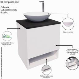 Gabinete de Banheiro 40cm com Cuba e Espelho Completo Lavabo Armário Suspenso - 4