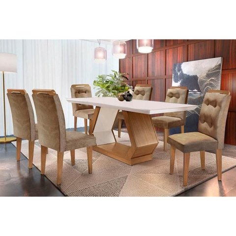 Conjunto: Mesa Sala Jantar Alvorada C/ Tampo Madeirado Canto Reto 180x90cm e 6 Cadeiras Imperatriz