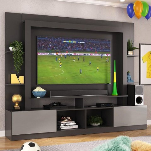 Rack Estante Com Painel Tv 65" E 2 Portas Catar Multimóveis Br3395 Preto/lacca Fumê