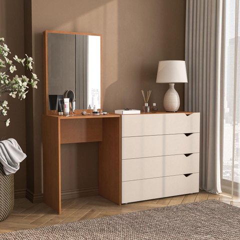 Cômoda Penteadeira Porto 4 Gavetas com Espelho 149x160cm Creme/Freijó 240889