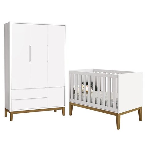 Jogo de Quarto Infantil Guarda Roupa 3 Portas e Berço Classic Branco Fosco com Pés Amadeirado - Rell