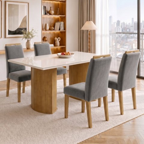Conjunto Sala de Jantar 4 Lugares Retangular Tampo Vidro MDF 120x80cm Mesa Isla e Cadeiras Lyra