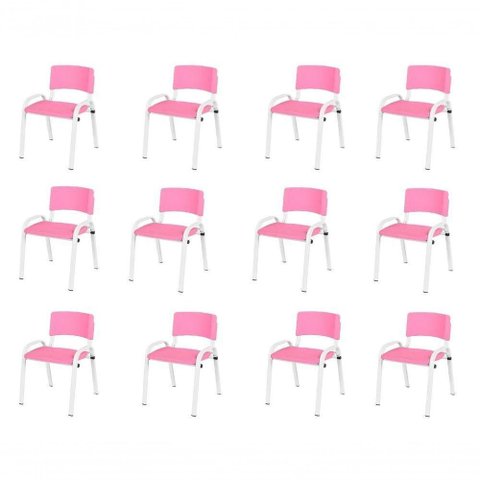 Kit 12 Cadeira Iso Infantil Creche, Base Branco Rosa