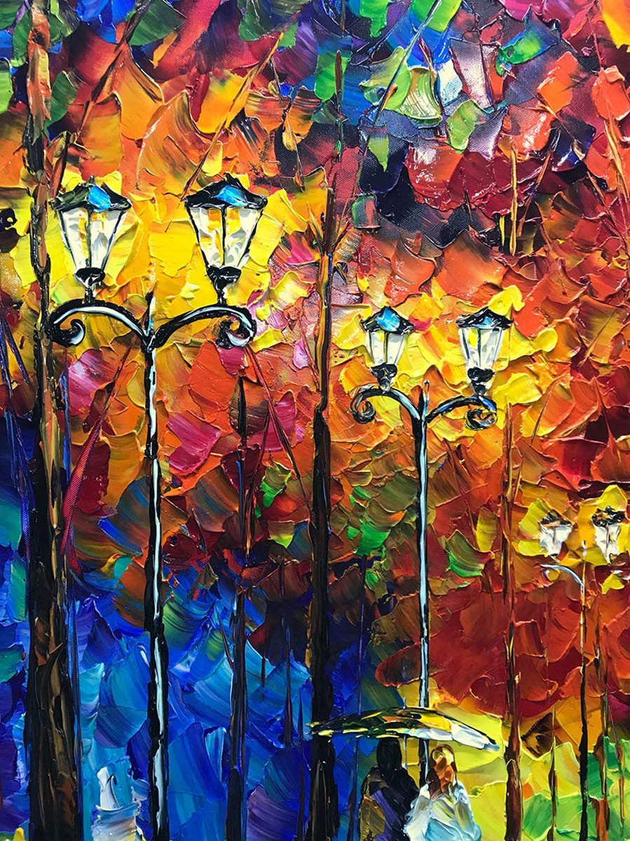 Quadro Pintura Tela outono guarda-chuva rua amante 5397: 80cm (A) x 120cm (L) - 5