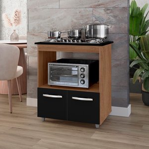 Balcão Gabinete de Cozinha para Fogão Cooktop e Forno Micro-ondas Elisa Savana Preto Moblis