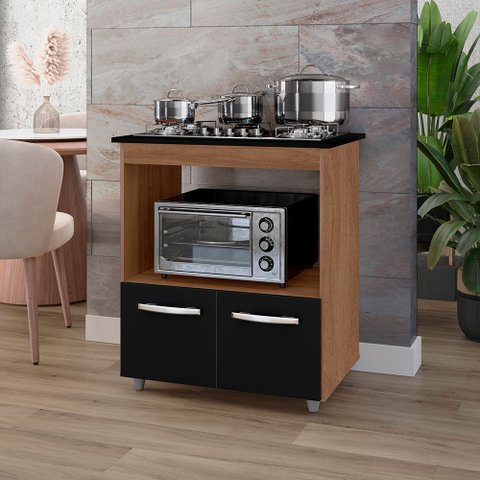 Balcão Gabinete de Cozinha para Fogão Cooktop e Forno Micro-ondas Elisa Savana Preto Moblis