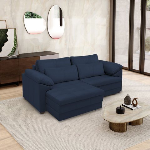 Sofá Retrátil Manual Sala de Estar Nolan Bipartido 175cm Conforto Premium em Couro Azul Marinho G58 