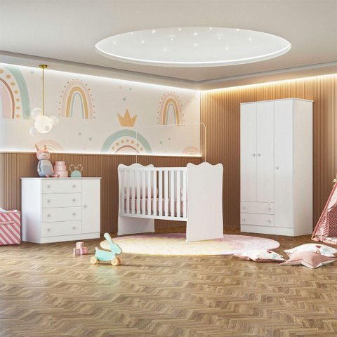 Quarto Infantil Doce Sonho Berço Cômoda Guarda Roupa 3 Portas 2 Gavetas MDP Tamanho 120cm Branco