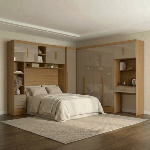 Guarda Roupa Casal Modulado 4 Peças 11 Portas 5 Gavetas com Cabeceira e Escrivaninha 100% MDF Smart