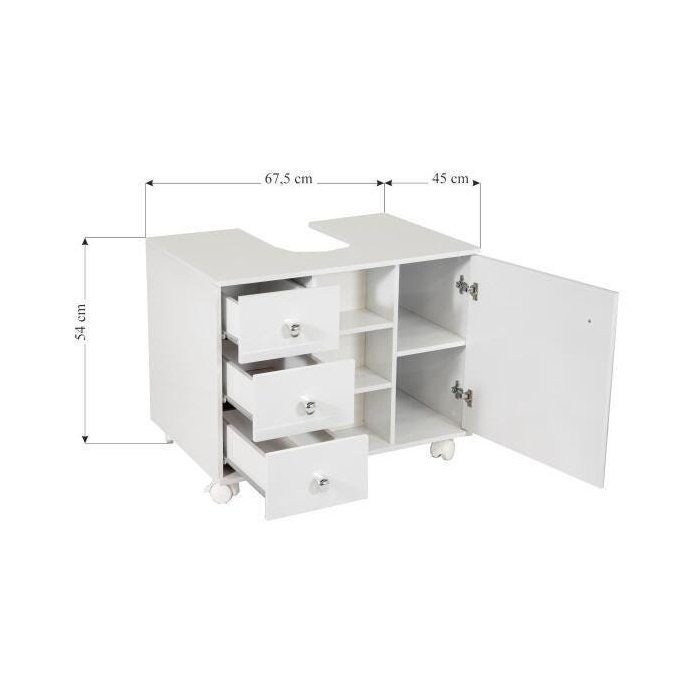 Gabinete de Banheiro 1 Porta 3 Gavetas em MDP Branco 54 cm x 68 cm x 45 cm