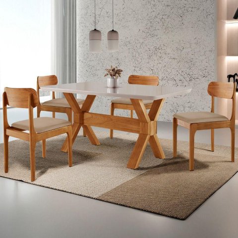 Conjunto de Jantar Star 4 Lugares Tampo Vidro Laqueado Off White 120cm Mobilare
