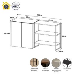 Armário Aéreo 60cm 2 Portas e Nicho 3 Prateleiras F5 Office Cor:cinza Sagrado com Preto - 3