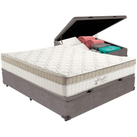 Cama Box Baú Cinza e Colchão King Best Molas Ensacadas Casal 138x188x33 Anjos