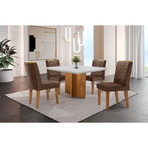 Conjunto Sala de Jantar Mesa Olímpia 90cm Mdf Canto Reto e 4 Cadeiras Liz Moderna