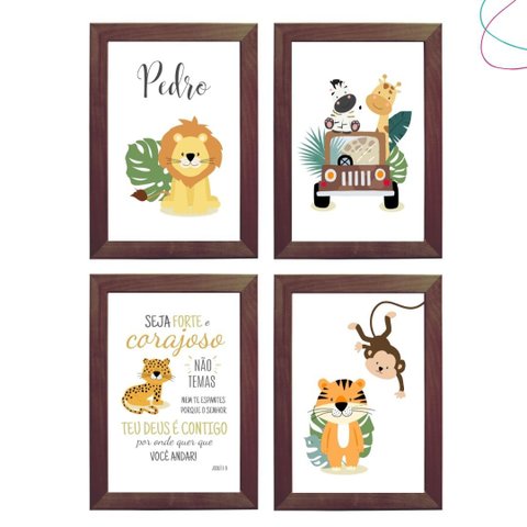 4 Quadros Decorativos Infantil Safari Baby com Moldura:tabaco