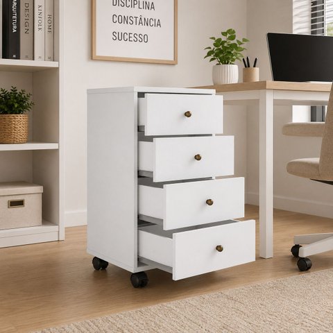 Gaveteiro Auxiliar Office Escritório Home Office 4 Gavetas com Rodízios -Branco- Edecasamóveis