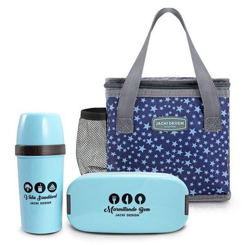 Bolsa Térmica Feminina Lanche + Marmita + Garrafa: 3 Peças - Azul aço