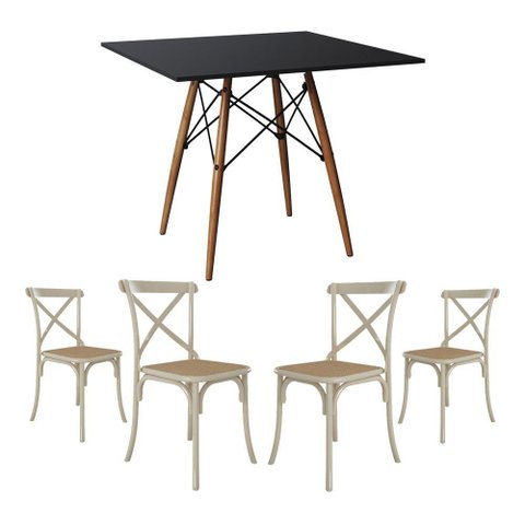 Conjunto de Mesa Eiffel Quadrado Tampo de Madeira 90cm Preto com 4 Cadeiras Katrina Off White